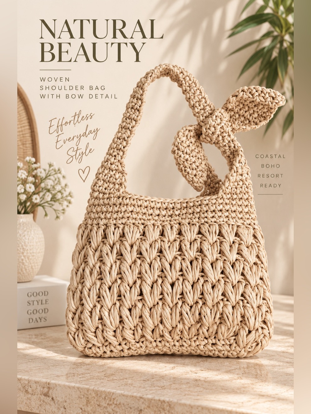 Woven Raffia Crochet Shoulder Bag Bow Handle Natural NWOT